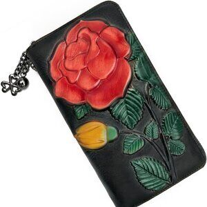 Wallet Genuine Leather for Women - with RFID Blocking Card (big rose black)
